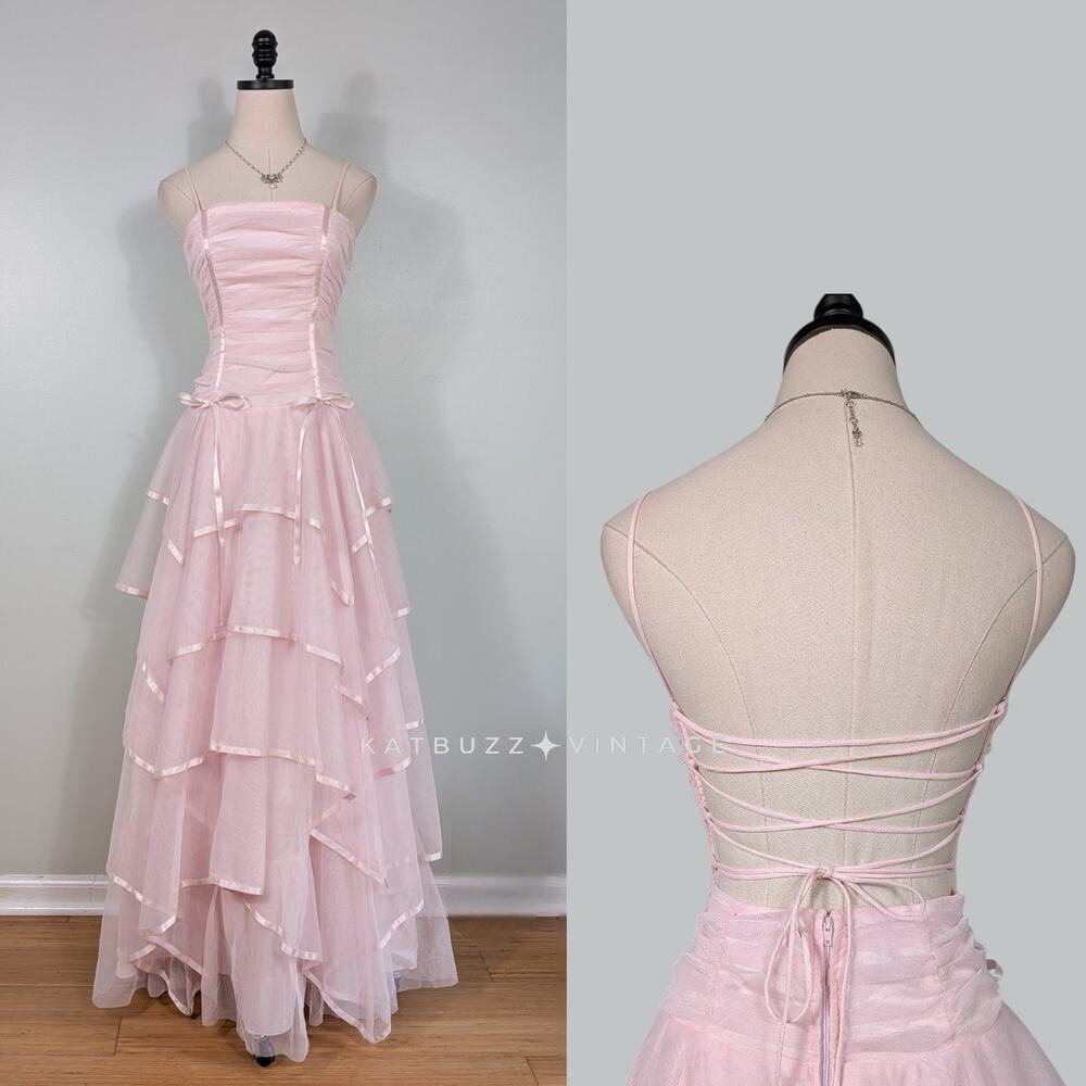Vintage Nites Prom Dress Maxi Gown 4 Pink Corset Coquette Ballerina Ruffle Bow